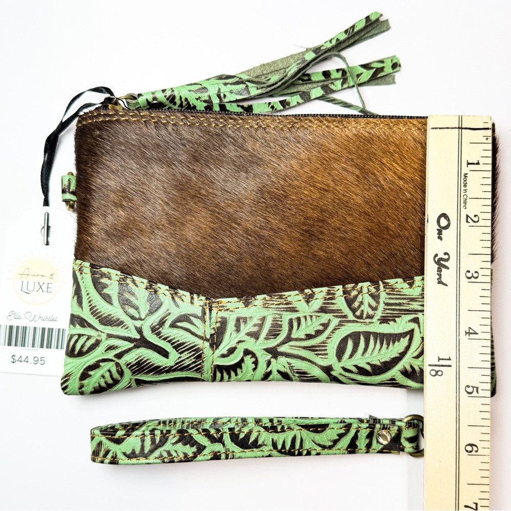 Hair On Hide Cowhide Leather Wristlet Clutch Mint Green Tooled Leather Western - Picture 3 of 5